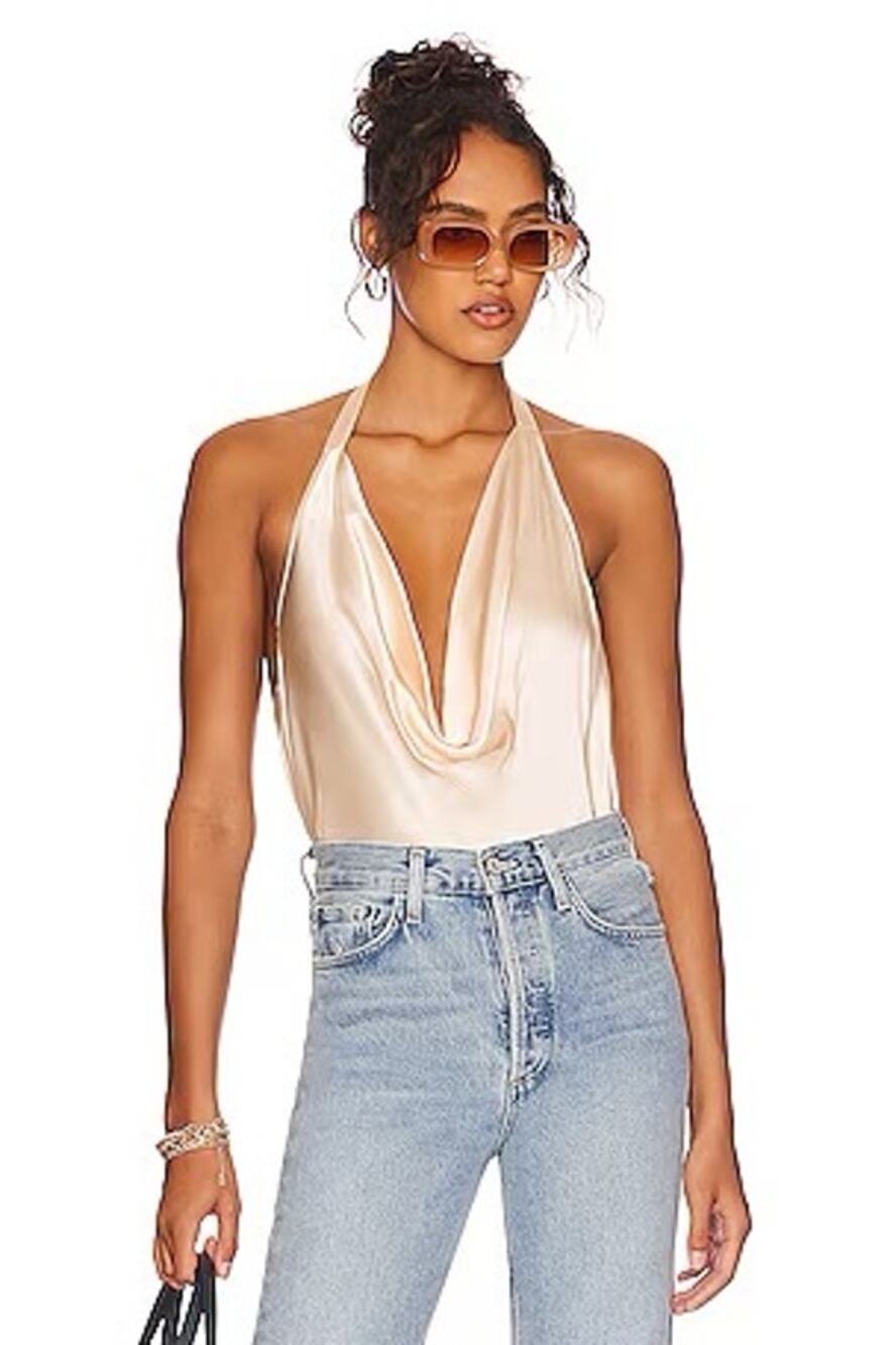 Cami NYC Revolve 100% Silk Jackie Cami Shell Beige Size M NWT Halter Draped